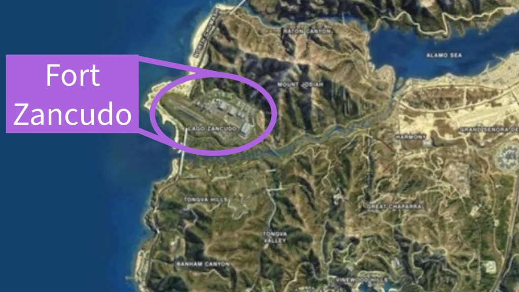 Image of the GTA 5 map location for Fort Zancudo