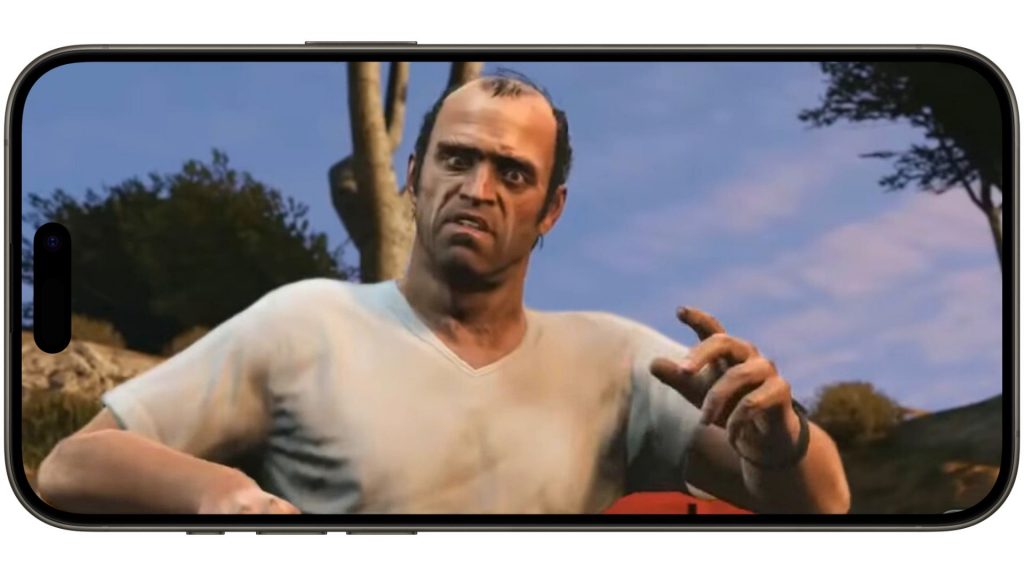 Screenshot of GTA 5 footage overlaid on an iPhone 15.