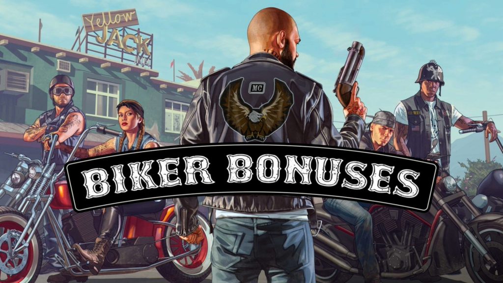 Screenshot of the GTA Online Weekly Update Biker Bonuses banner from Rockstar's announcement.