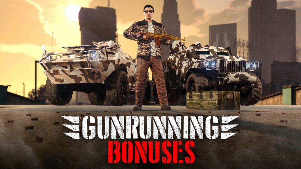 Screenshot of the GTA Online Weekly Update Gunrunners bonus banner displayed on Rockstar's announcement.