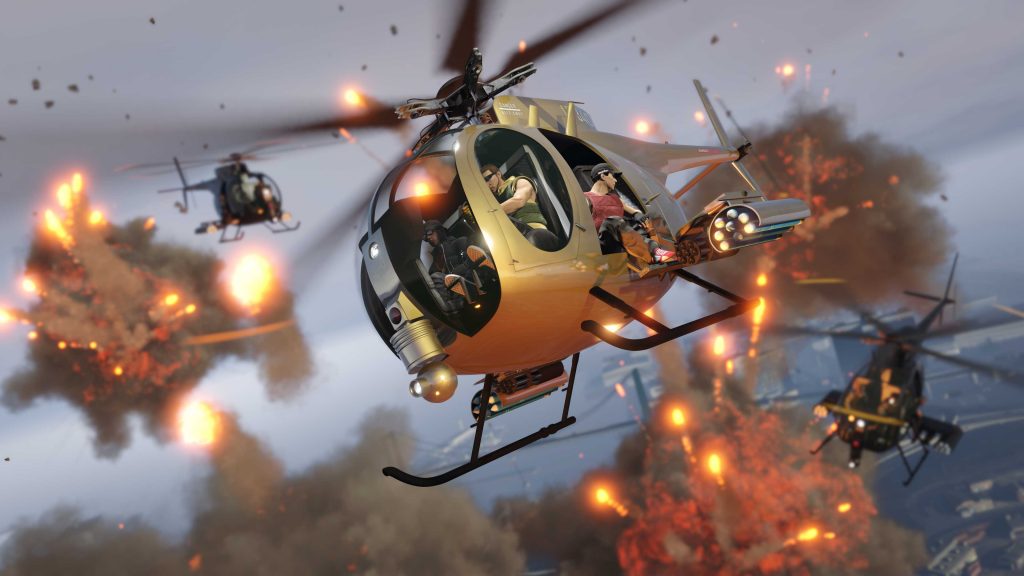 Screenshot of the Gold Buzzard Attack Helicopter available for free at tier 4 of the Career Progress rewards from this week's GTA Online Weekly Update. 